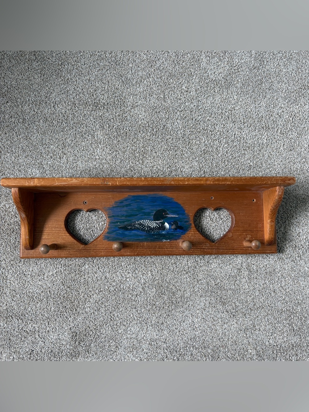 Vintage Wooden Heart Accent Wall Shelf with Loon Painting Country Cottage Lake